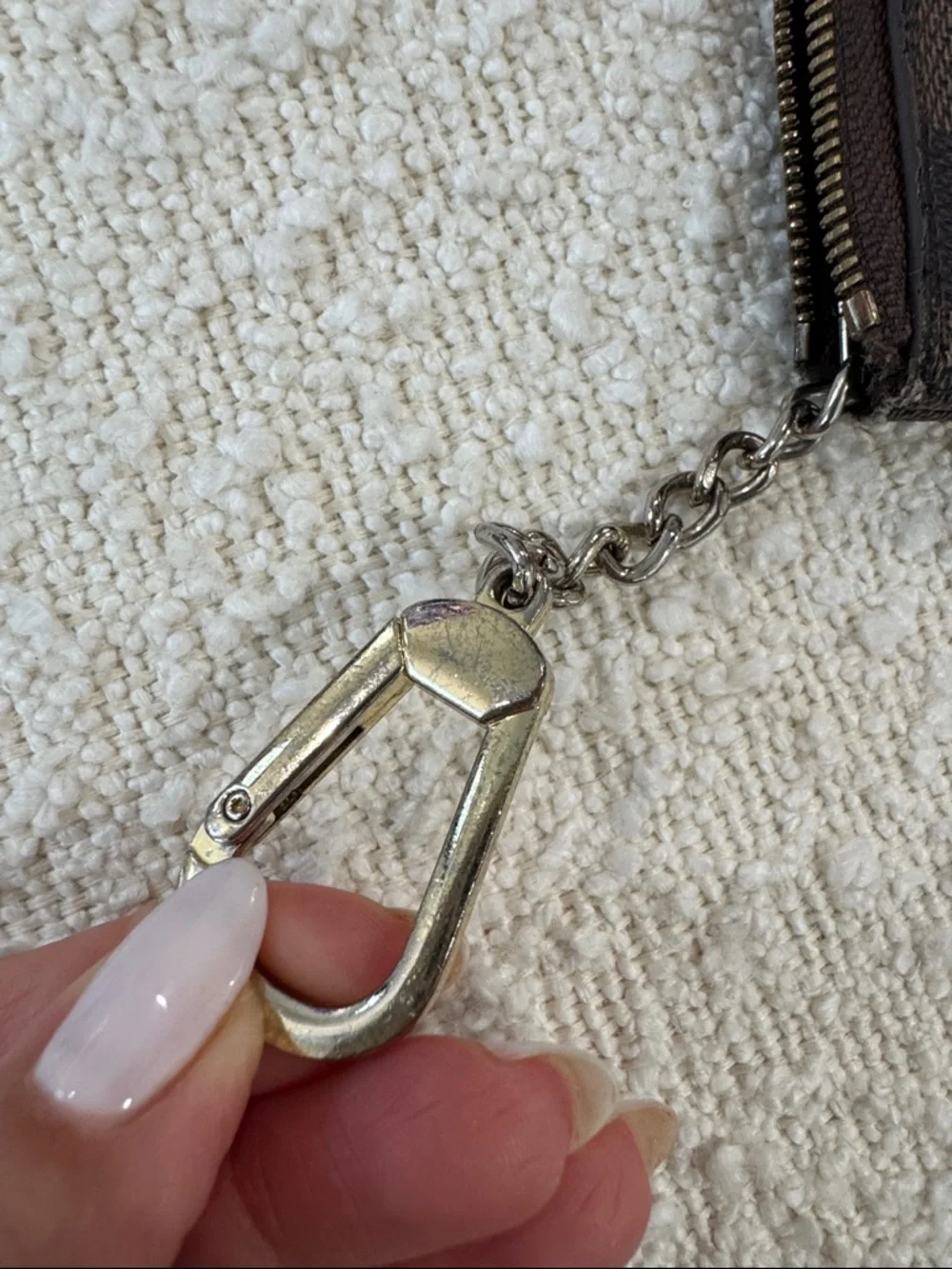 Brown Checkered Key Coin Pouch with Chain